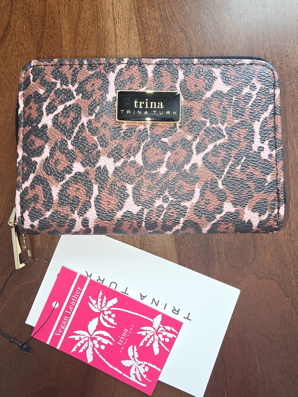 Trina Turk Pink Leopard Print Zip Wallet, New in Gift Box